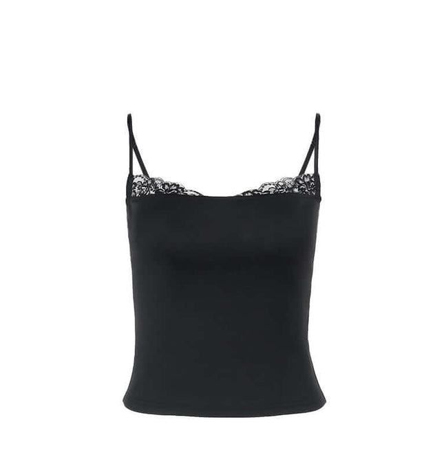 Patchwork Lace Camisole Top – Slim Fit in black with delicate lace detailing, perfect for elegant and casual outfits.