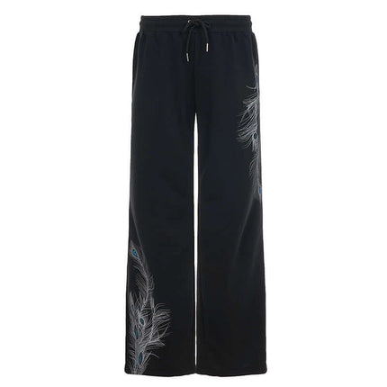 Black Sport Casual Pants – Loose Fit with peacock feather design and relaxed silhouette.