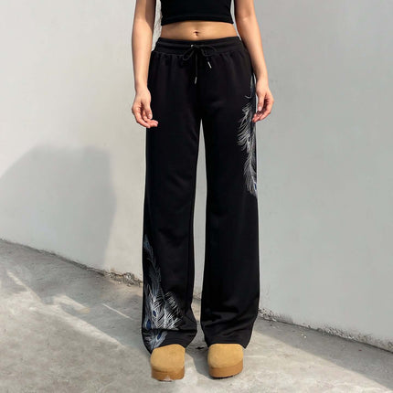 Black Sport Casual Pants – Loose Fit with stylish feather design for women, perfect for casual and active wear.