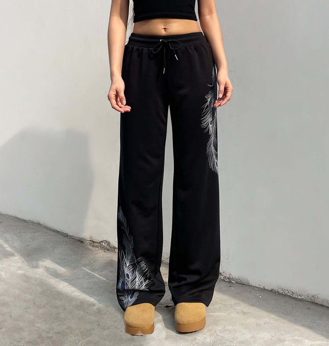 Black Sport Casual Pants – Loose Fit with stylish feather design for women, perfect for casual and active wear.