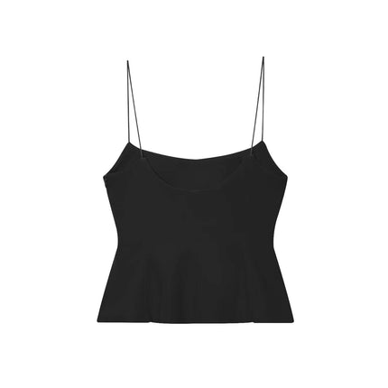 Strapless Camisole Tank Top – Slim Fit, sleek black design with delicate straps and a stylish flowing hem.