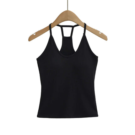 UNeck Crop Tank Top – Slim Fit in black hanging on a wooden hanger showcasing its stylish design.