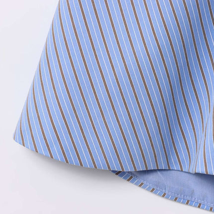 Close-up of the Grozavu Backless Bow Tie Hanging Neck Tank Top with light blue vertical stripes.