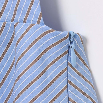 Backless Bow Tie Hanging Neck Tank Top side zipper detail in blue striped fabric with brown stripes.