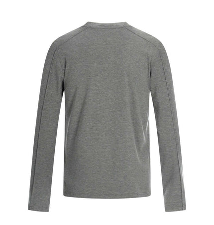 Back view of the Bottom Knit Long Sleeve Pullover in medium gray, showcasing its classic design and long sleeves.