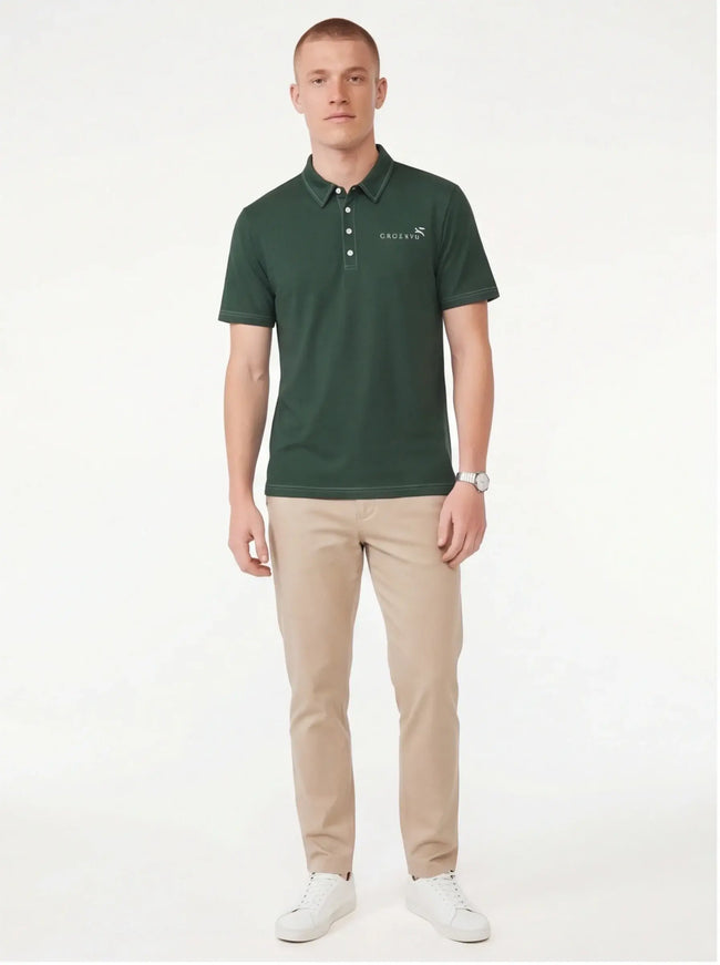 Model wearing slim polo by Grozavu