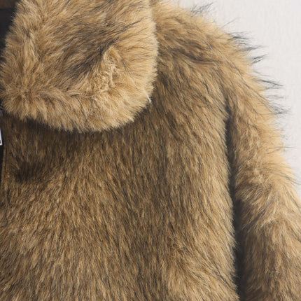 Camel Shearling Zipper Jacket – Regular Fit with cozy fur texture and classic flip collar.