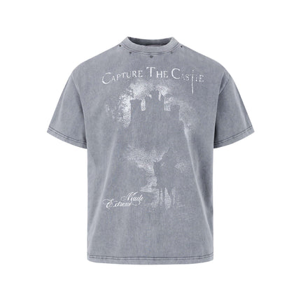 Printed Short Sleeve TShirt – Loose Fit featuring washed print design and classic round neckline.