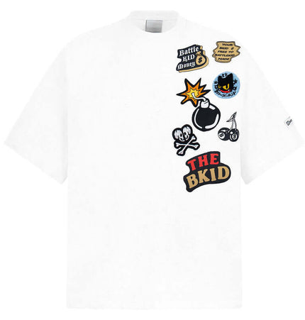 Cartoon Badge Cotton TShirt – Loose Fit featuring playful patches on a white short-sleeve tee for relaxed streetwear.