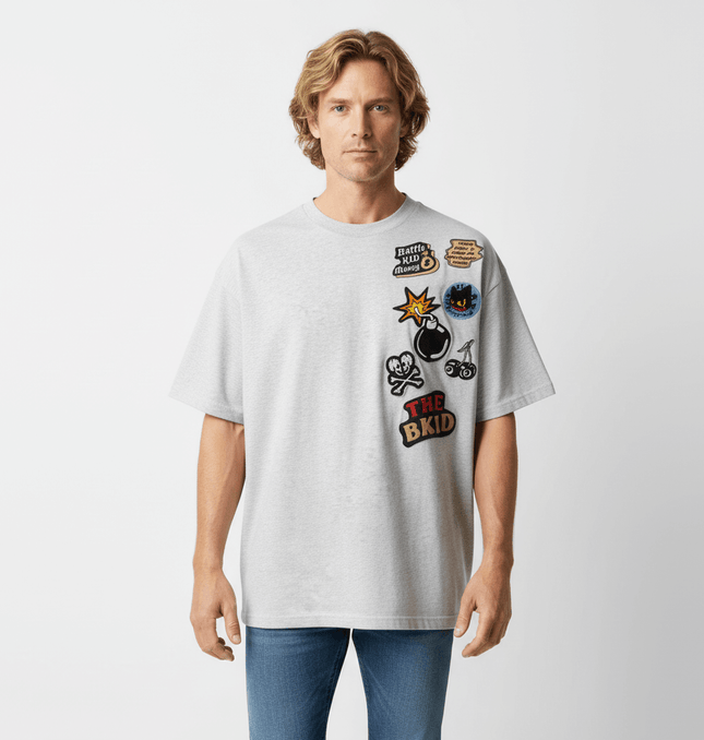 Cartoon Badge Cotton TShirt – Loose Fit featuring playful patches, a relaxed fit, perfect for casual summer style.