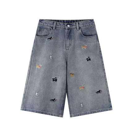 Cartoon Dog Embroidered Denim Shorts featuring playful dog embroidery in a trendy washed finish.