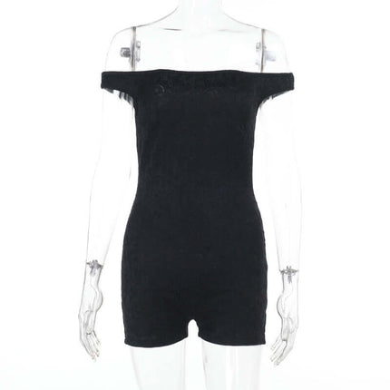 Casual Lace Shoulder Jumpsuit showcasing lace detailing and off-the-shoulder style for a chic summer look.