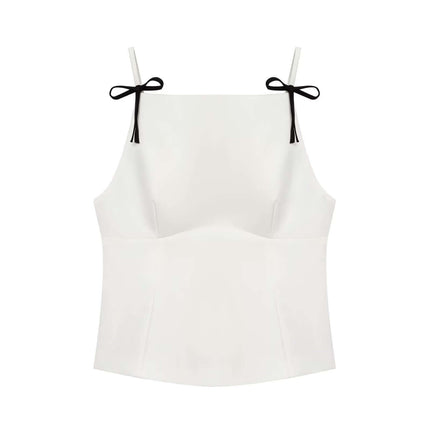 Casual Bow Detail Strap Top – Slim Fit in solid white with cute bow detail and double strap design.
