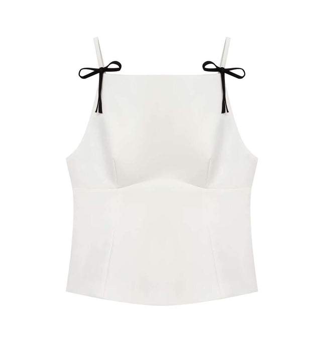 Casual Bow Detail Strap Top – Slim Fit in solid white with cute bow detail and double strap design.
