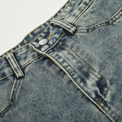 Casual Cartoon Embroidered Denim Pants close-up of waistband and distressed detailing