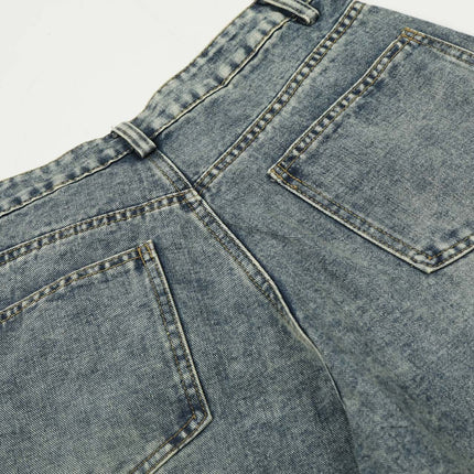 Back view of Casual Cartoon Embroidered Denim Pants showcasing pockets and distressed denim design.