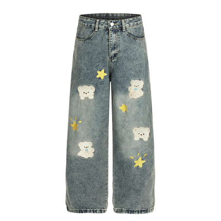 Casual Cartoon Embroidered Denim Pants with cute teddy bear and star embroidery in distressed style.