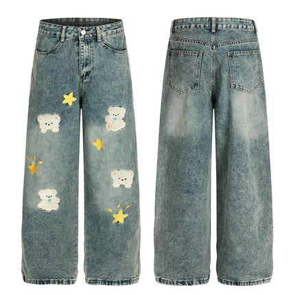 Casual Cartoon Embroidered Denim Pants with cartoon bear and star embroidery, distressed detailing, stylish wide-leg design.