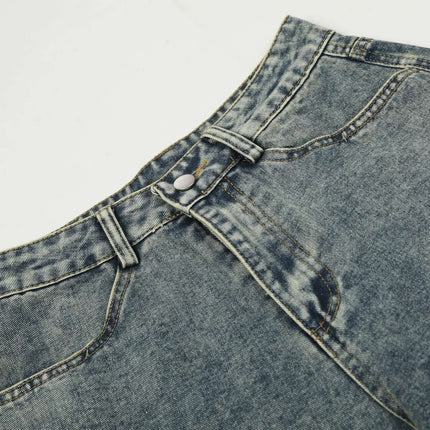 Casual Cartoon Embroidered Denim Pants close-up of waistband and button details