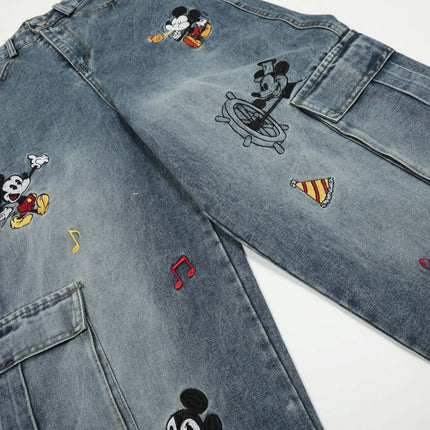 Casual Embroidered Denim Cropped Pants featuring colorful Mickey Mouse embroidery details.
