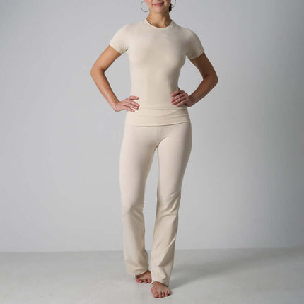 Casual Fit Cotton Jersey Yoga Set featuring a short sleeve crop top and high-waist long flare pants in soft brushed cotton.