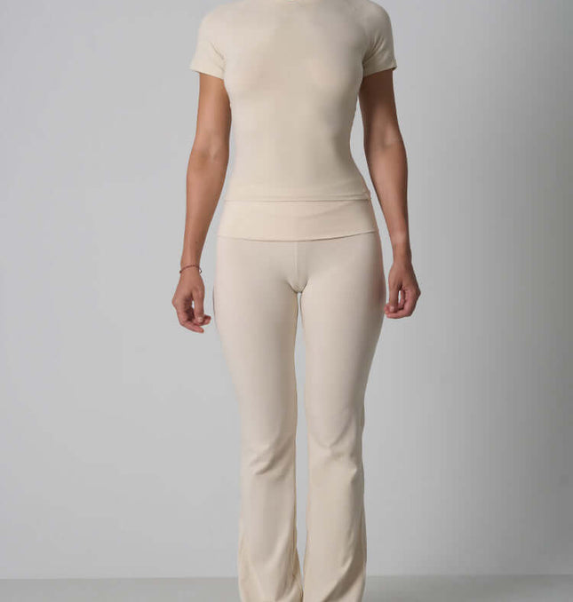 Casual Fit Cotton Jersey Yoga Set featuring a short sleeve crop top and high-waist long flare pants for stylish comfort.