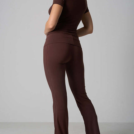 Casual Fit Cotton Jersey Yoga Set shown in brown, featuring a short sleeve crop top and high-waist long flare pants.