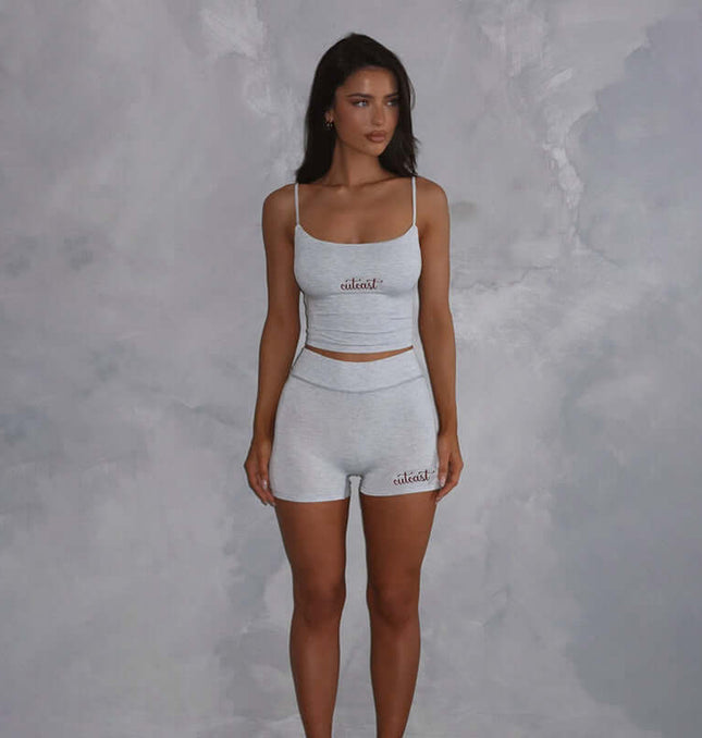 Casual Fit Square Neck Sleeveless Outfit worn by a model in a light gray two-piece shorts set with a square neckline.