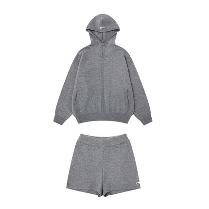 Casual Solid Color Tracksuit Set featuring a cozy zip-up hoodie and matching shorts in a stylish gray.