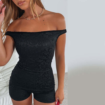 Casual Lace Shoulder Jumpsuit for women featuring lace detail and comfortable fit in chic black.