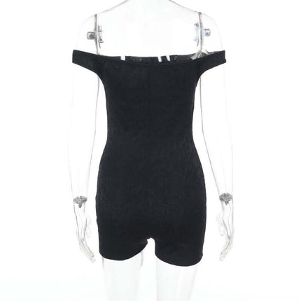 Back view of a Casual Lace Shoulder Jumpsuit showcasing its off-shoulder design and chic silhouette.