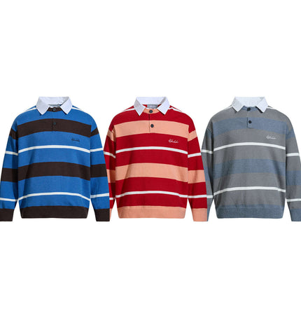 Casual Two-Piece Knitwear with Collar in blue, red, and gray striped designs showcasing collar mock style.
