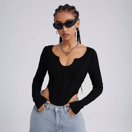 Casual UNeck Crop TShirt – Slim Fit in black, featuring a U-shaped neckline and modern stylish design.