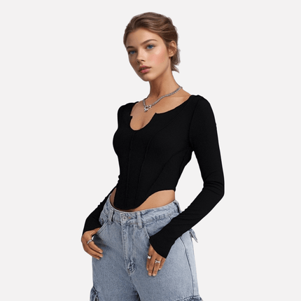 Casual UNeck Crop TShirt – Slim Fit in black, showcasing a U-shaped neckline and long sleeves.