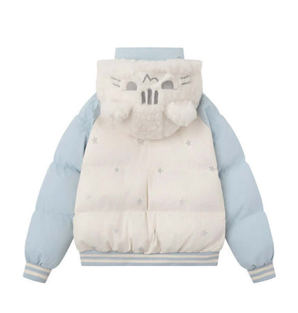 Cat-Themed Hooded Jacket - Loose Fit in light blue, featuring a cute cat design on the hood and cozy thick cotton material.