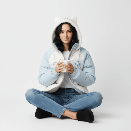 Cat-Themed Hooded Jacket - Loose Fit worn by a woman holding a cup, with a cozy and stylish design.