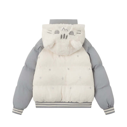 Back view of a Cat-Themed Hooded Jacket - Loose Fit with cat design and geometric pattern.