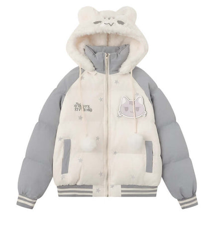 Cat-Themed Hooded Jacket - Loose Fit, cozy winter outerwear with cat design and geometric pattern.