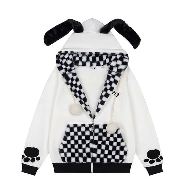Checkered Fleece Hoodie with Rabbit Ears featuring fluffy rabbit ears and checkered pattern for cozy style.