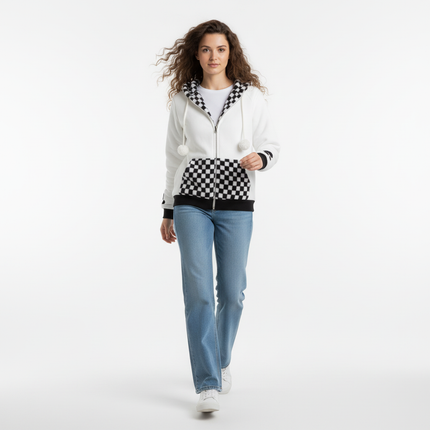 Checkered Fleece Hoodie with Rabbit Ears
