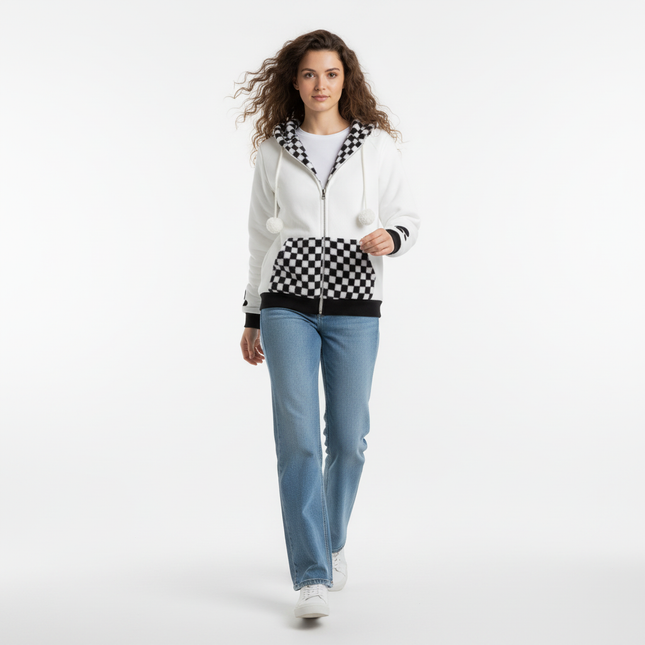 Checkered Fleece Hoodie with Rabbit Ears
