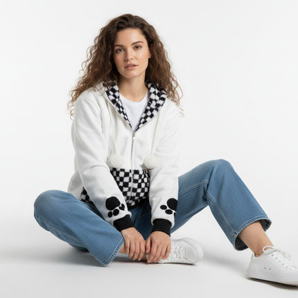 Checkered Fleece Hoodie with Rabbit Ears