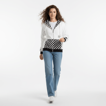 Checkered Fleece Hoodie with Rabbit Ears model wearing casual outfit, showcasing playful design and cozy silhouette.