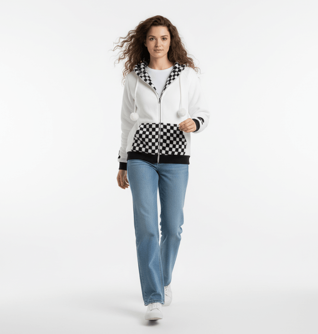 Checkered Fleece Hoodie with Rabbit Ears model wearing casual outfit, showcasing playful design and cozy silhouette.