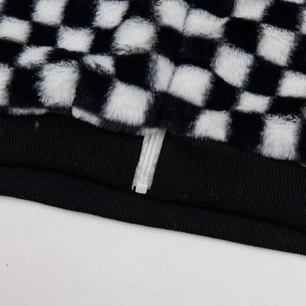 Checkered Fleece Hoodie with Rabbit Ears black and white checkered design close-up of the fabric and zipper detail