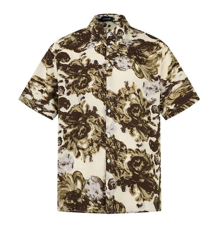 Color Block Beach Shirt – Loose Fit in a brown and cream floral pattern with short sleeves and a classic collar.