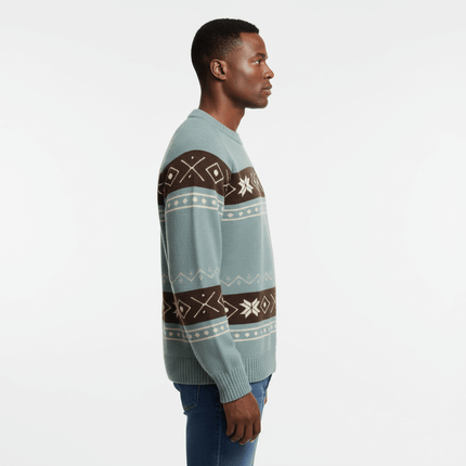 Color-Block Fair Isle Sweater - Loose Fit displayed on model, showcasing side view and knit pattern design.