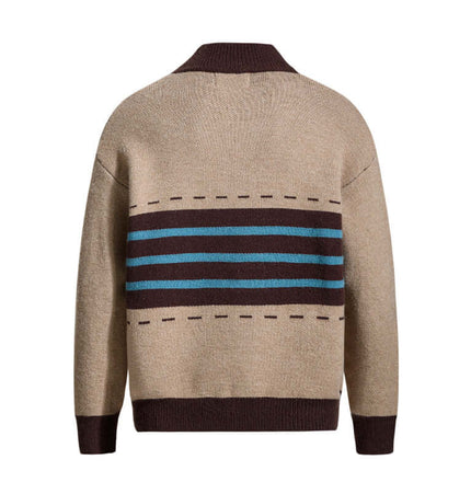 Color-Block Knit Stand Collar Cardigan back view showcasing color-blocked design with stripes.