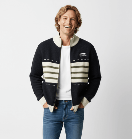 Color-Block Knit Stand Collar Cardigan worn by a smiling man, featuring striped jacquard pattern and relaxed fit.