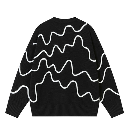 Color Block Line Knit Sweater – Loose Fit in black with white wave design on back.